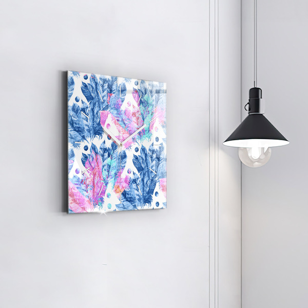 Square wall clock Colorful feathers