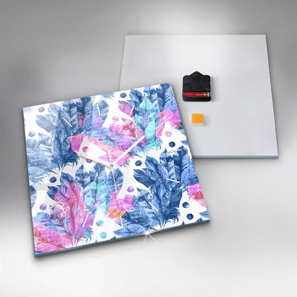 Square wall clock Colorful feathers