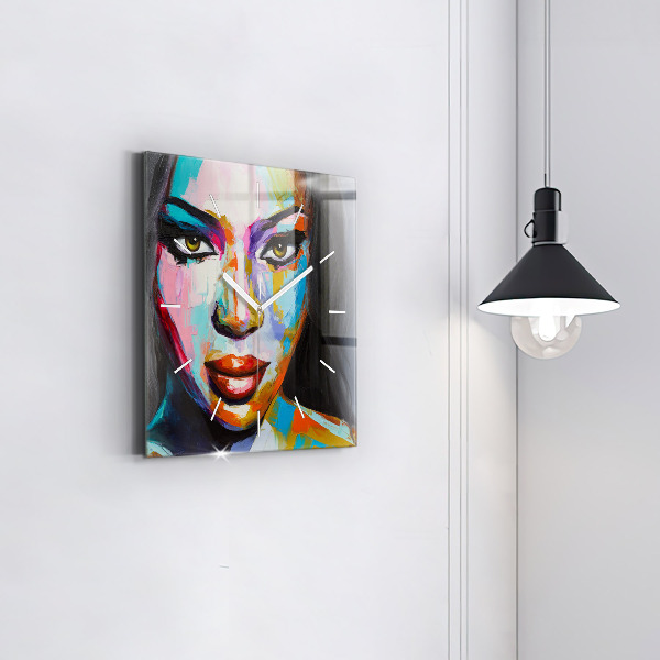 Square wall clock Colorful woman's face