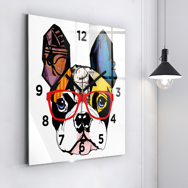 Square wall clock French bulldog with glasses