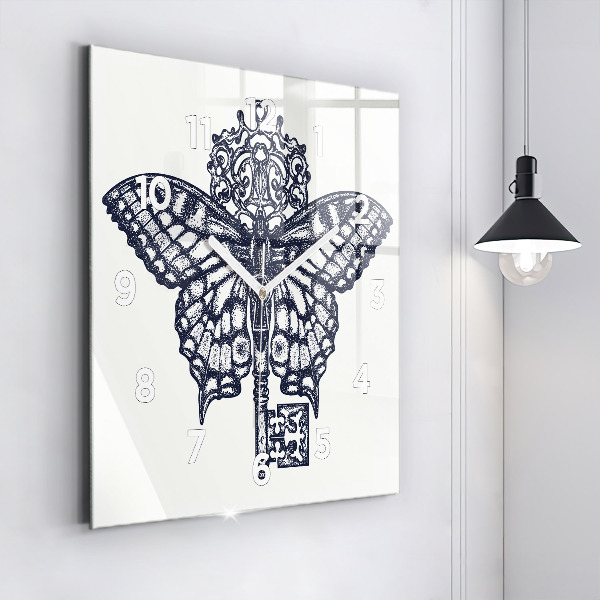 Square wall clock Butterfly and key - boho style