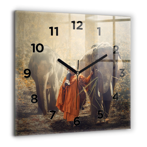 Square wall clock Monk leading elephants