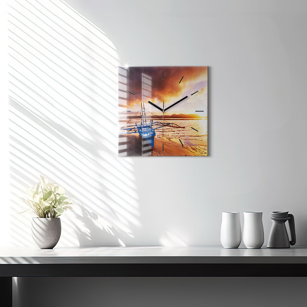 Square wall clock Boat and sunset