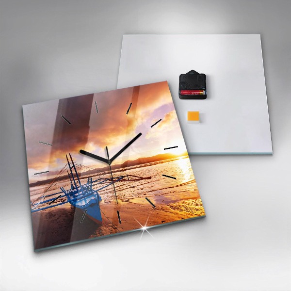 Square wall clock Boat and sunset