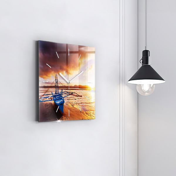 Square wall clock Boat and sunset