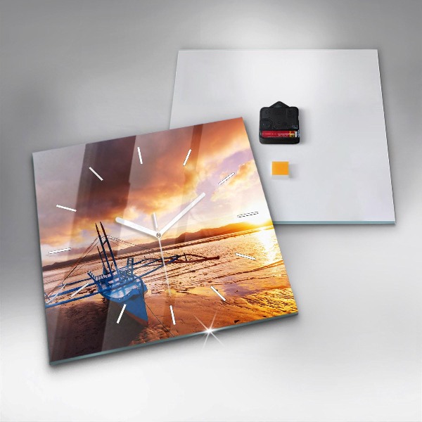 Square wall clock Boat and sunset