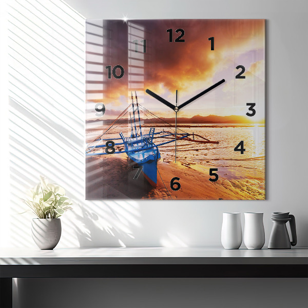 Square wall clock Boat and sunset