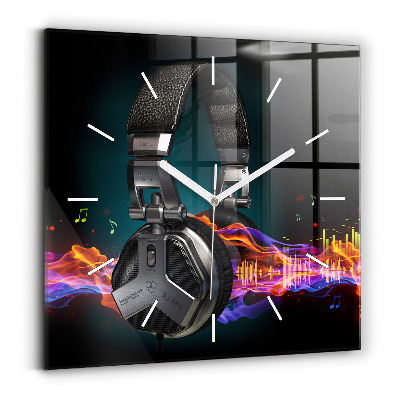 Square wall clock Headphones and sound waves