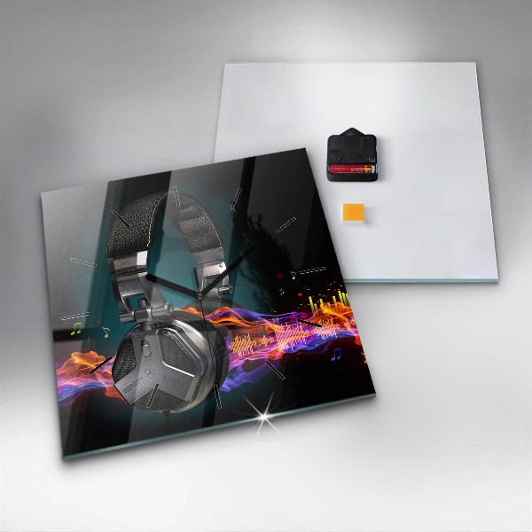 Square wall clock Headphones and sound waves