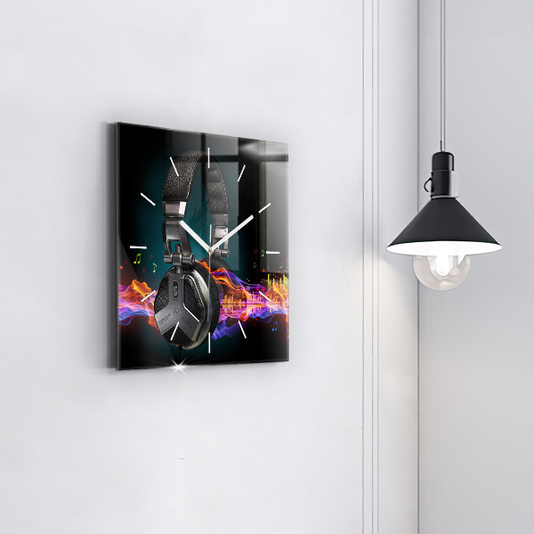 Square wall clock Headphones and sound waves