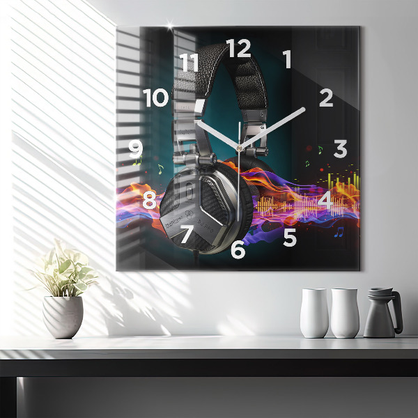Square wall clock Headphones and sound waves