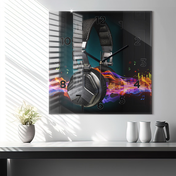 Square wall clock Headphones and sound waves