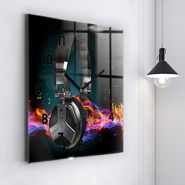 Square wall clock Headphones and sound waves