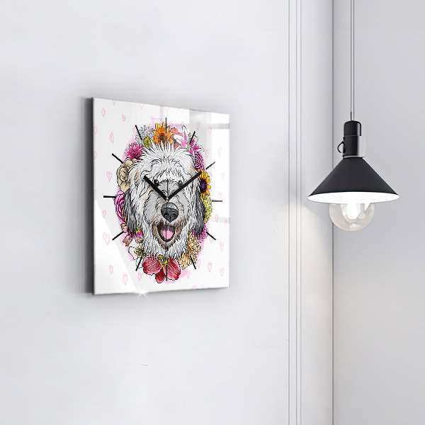 Square wall clock Happy dog in flowers