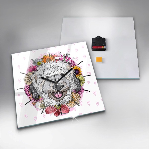 Square wall clock Happy dog in flowers