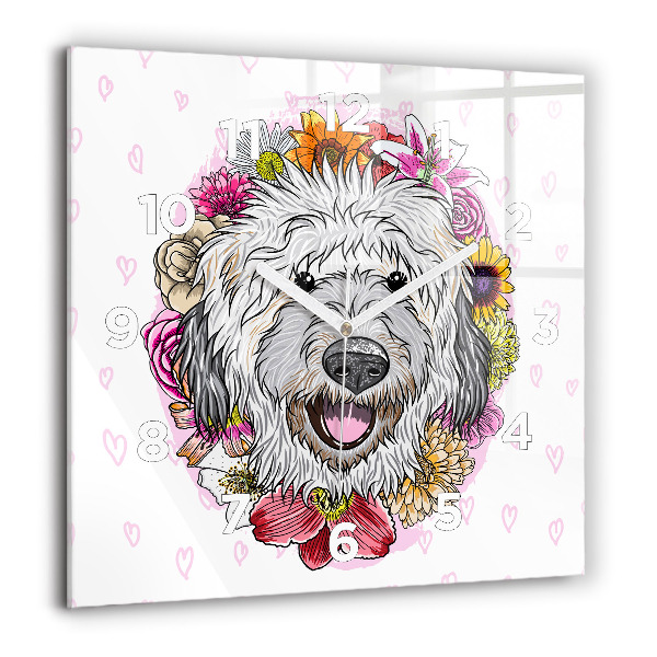Square wall clock Happy dog in flowers