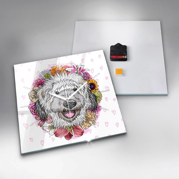 Square wall clock Happy dog in flowers