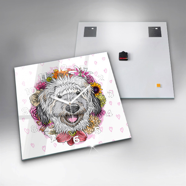 Square wall clock Happy dog in flowers