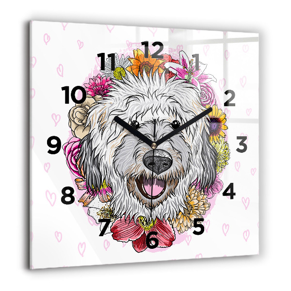 Square wall clock Happy dog in flowers