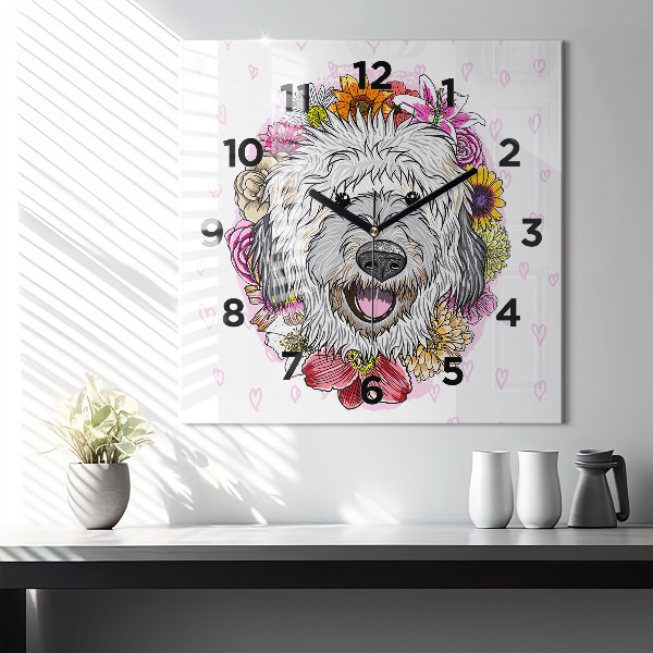 Square wall clock Happy dog in flowers