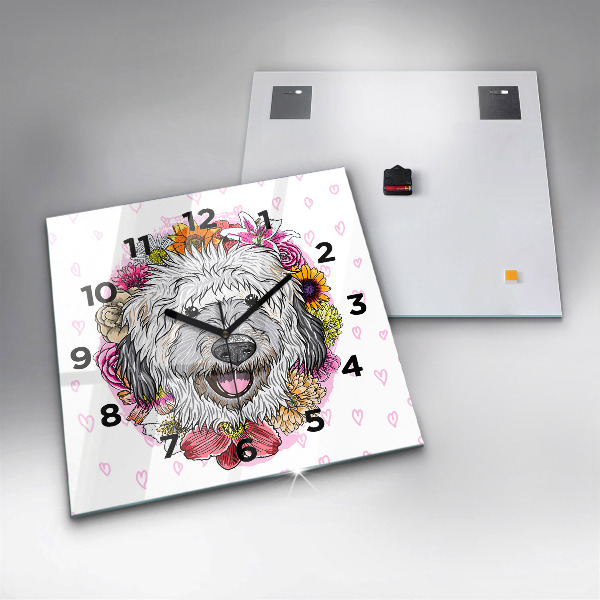 Square wall clock Happy dog in flowers