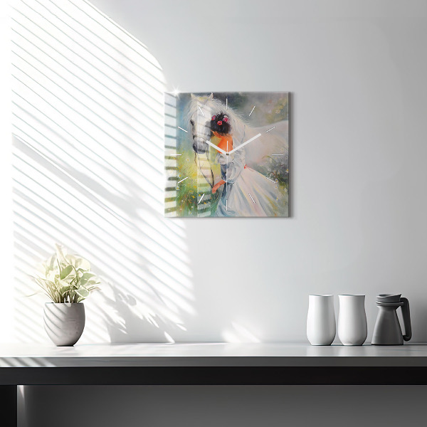 Square wall clock Beautiful woman with a horse