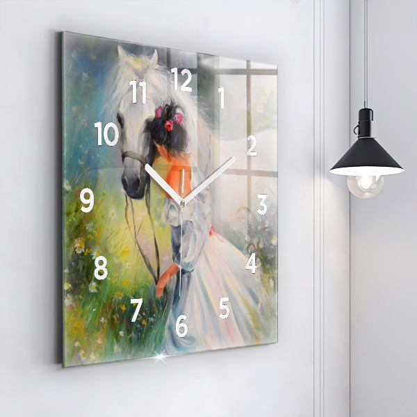 Square wall clock Beautiful woman with a horse