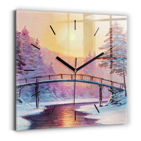 Square wall clock Christmas tree and bridge