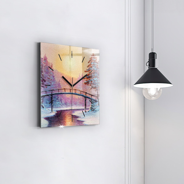 Square wall clock Christmas tree and bridge