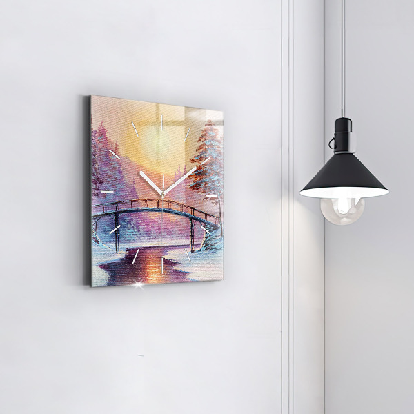 Square wall clock Christmas tree and bridge