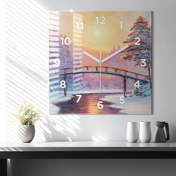 Square wall clock Christmas tree and bridge