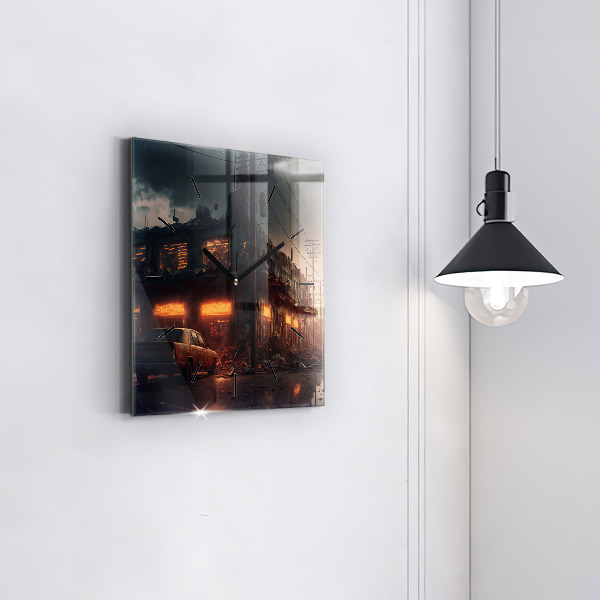 Square wall clock Apocalyptic building