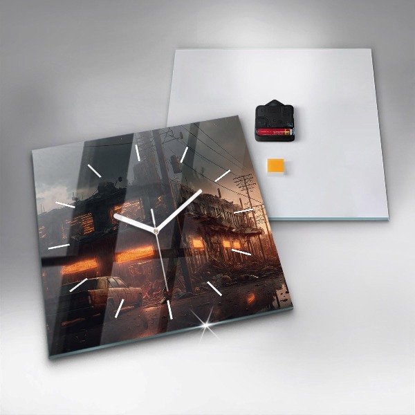 Square wall clock Apocalyptic building