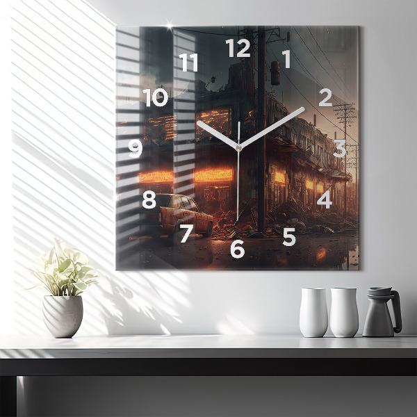 Square wall clock Apocalyptic building