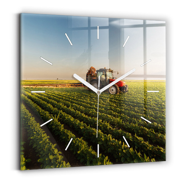 Square wall clock Tractor in a farm field