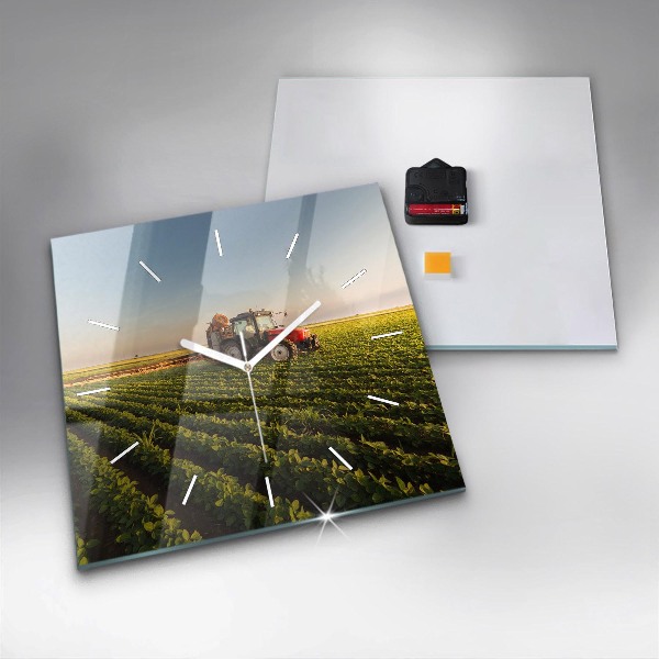 Square wall clock Tractor in a farm field