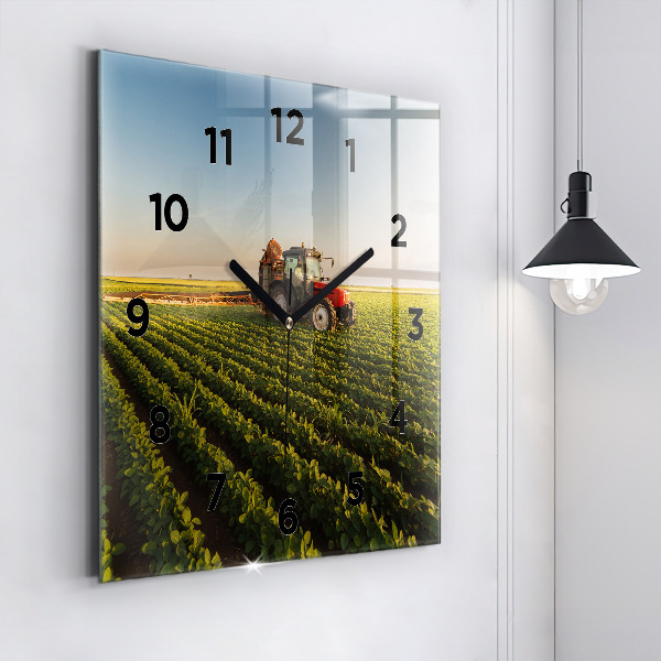 Square wall clock Tractor in a farm field