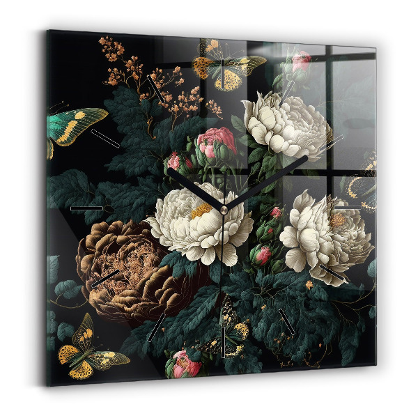 Square wall clock Flower and golden butterflies