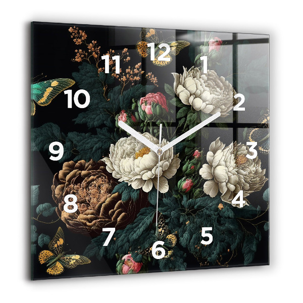 Square wall clock Flower and golden butterflies