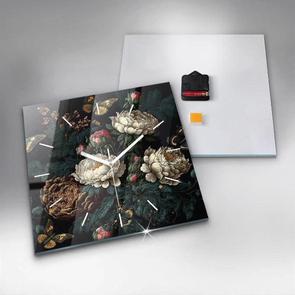 Square wall clock Flower and golden butterflies