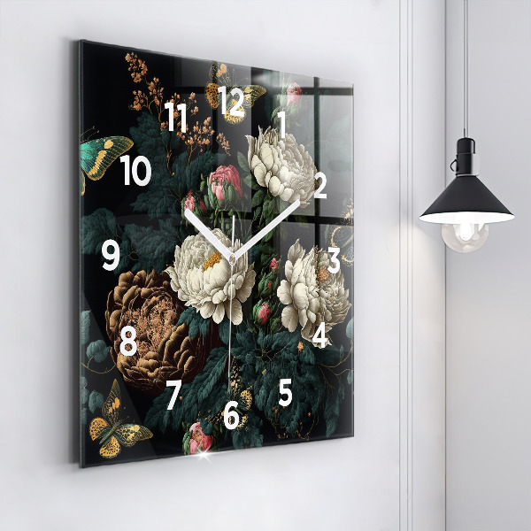 Square wall clock Flower and golden butterflies