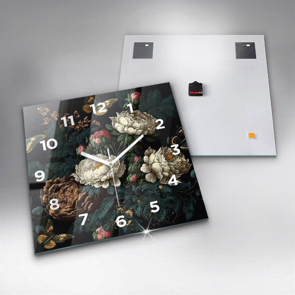 Square wall clock Flower and golden butterflies
