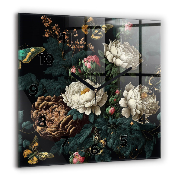 Square wall clock Flower and golden butterflies
