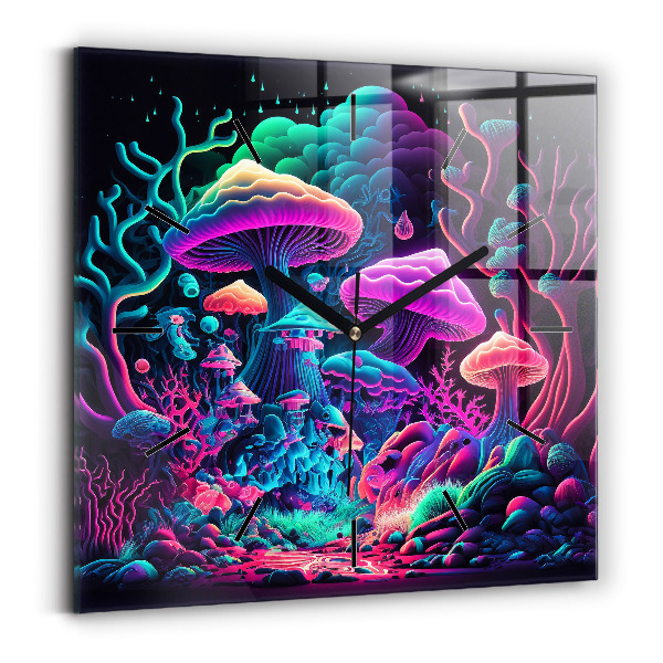 Square wall clock Neon mushrooms