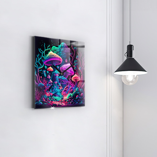Square wall clock Neon mushrooms