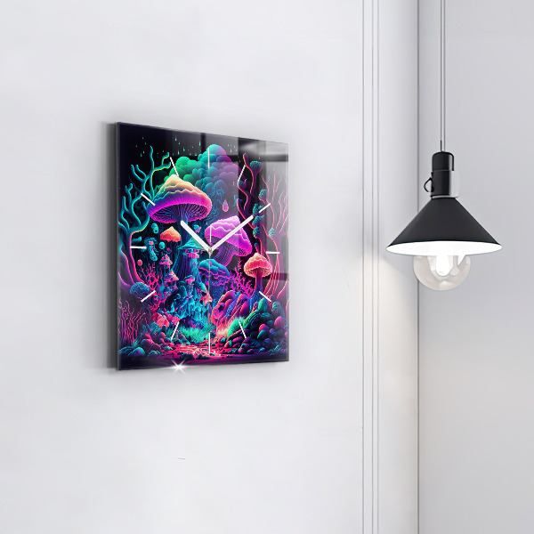 Square wall clock Neon mushrooms