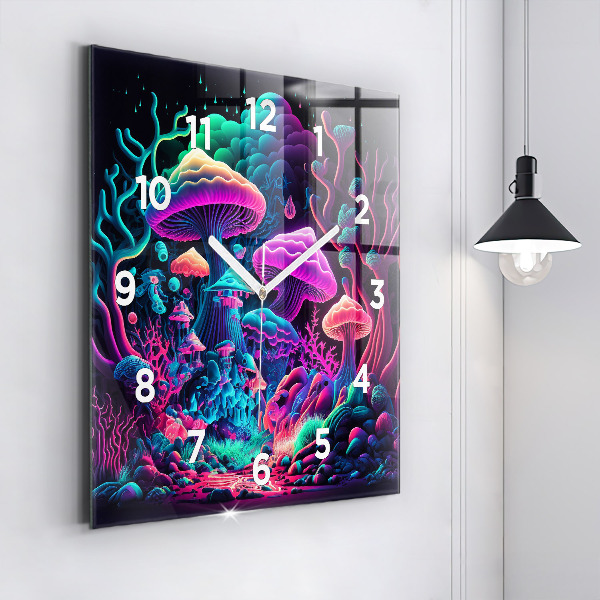 Square wall clock Neon mushrooms