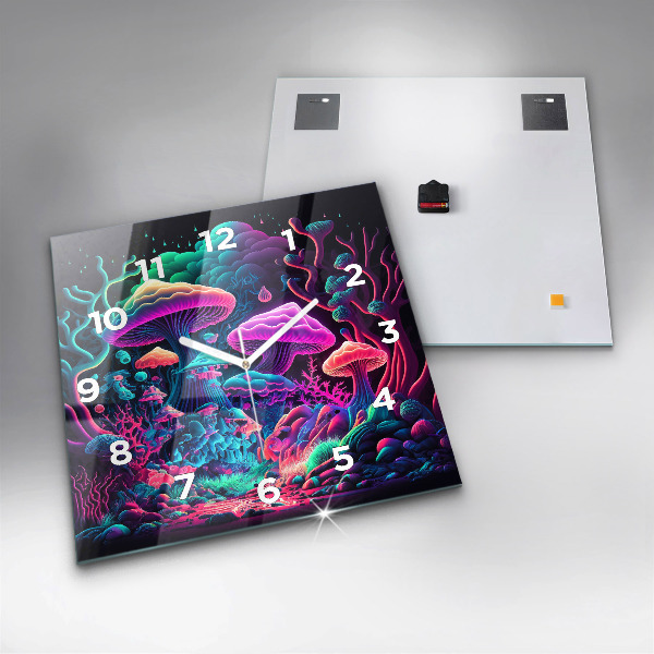 Square wall clock Neon mushrooms