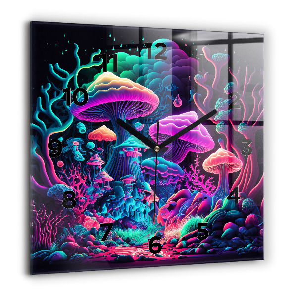 Square wall clock Neon mushrooms