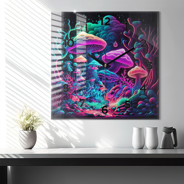Square wall clock Neon mushrooms